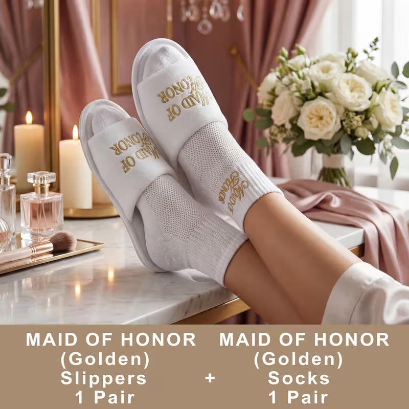 Embroidery Bridal Party Slippers & Socks Set