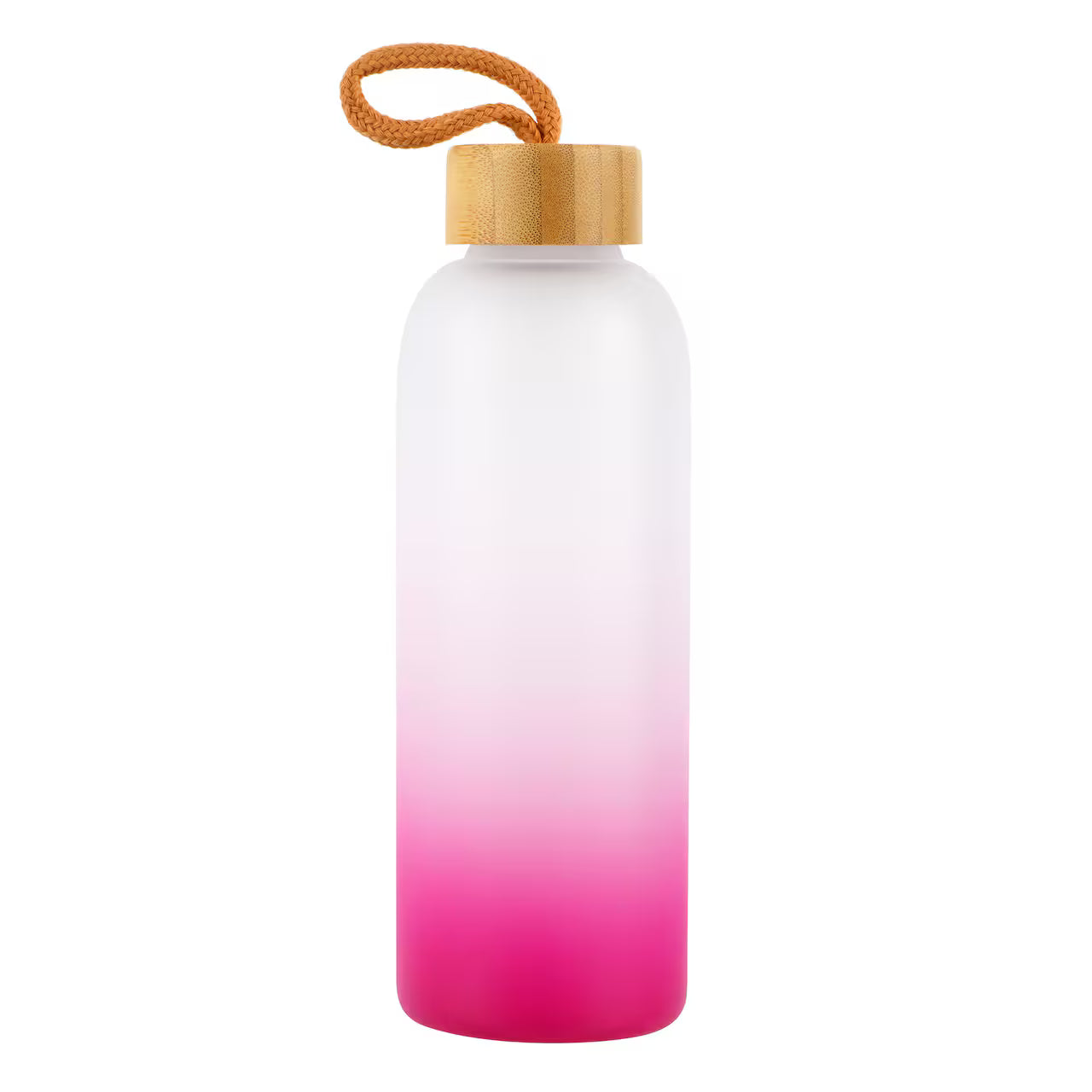 Gradient water bottle with wooden cap on a white background